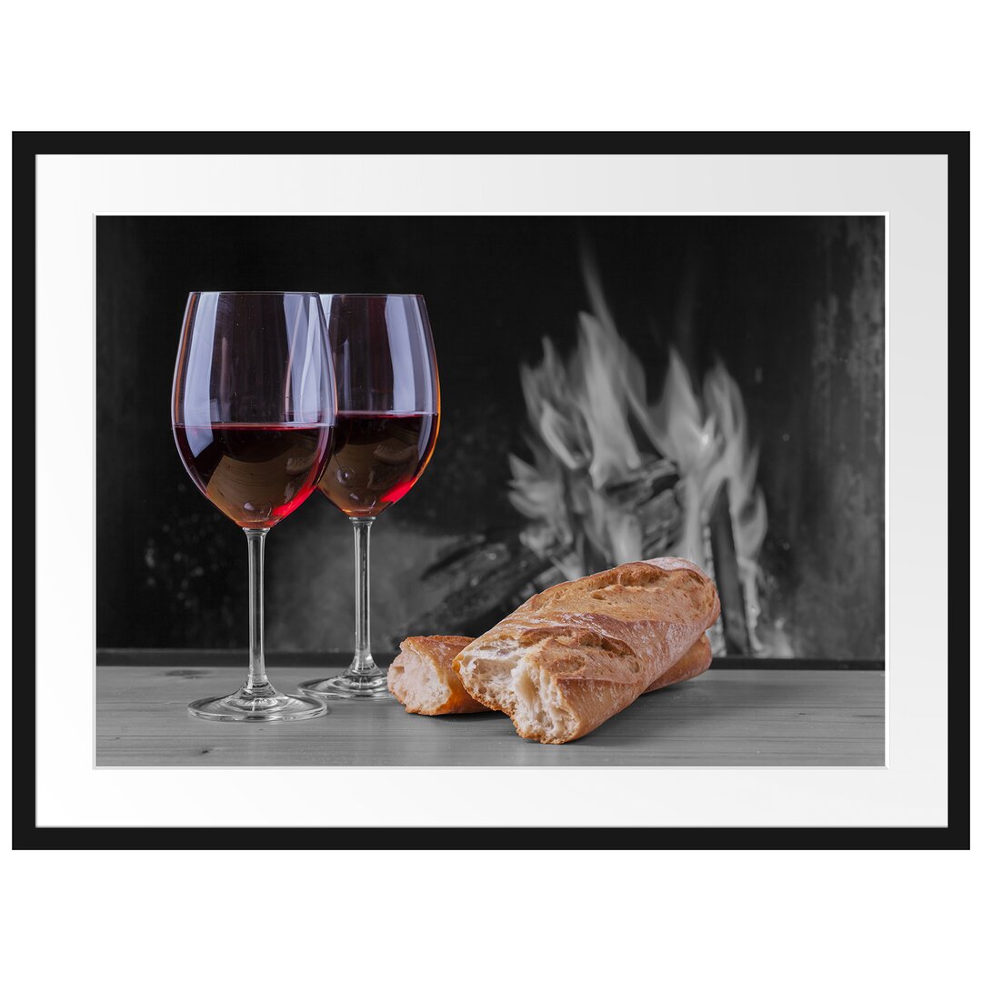 Gerahmtes Poster Baguette Wein Picknick