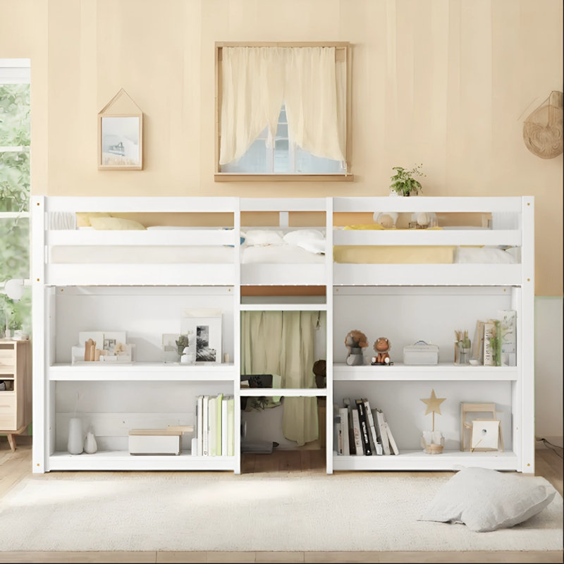 Lit simple mezzanine bas avec tablettes Jceur, Blanc