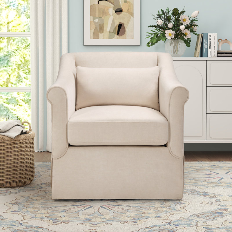 30" Wide Modern Soft Upholstered Swivel Arm Accent Chair With Lumbar Pillow, Beige