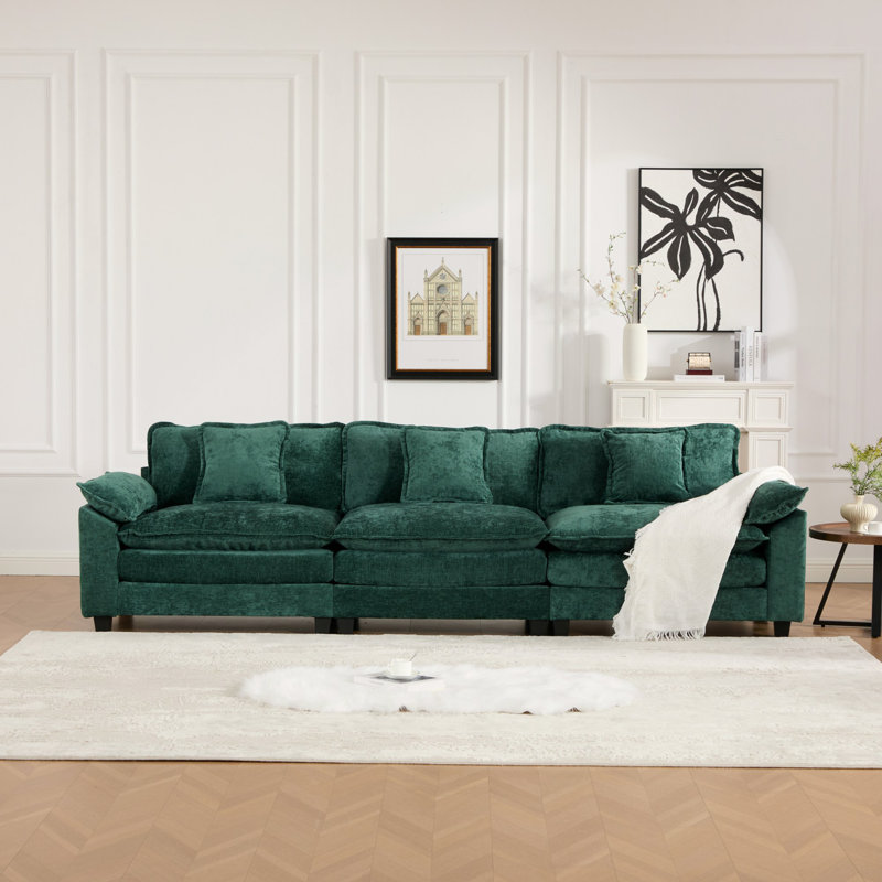 Canapé modulaire rembourré en chenille Lambrecht avec accoudoirs et coussins plus larges, Green Chenille