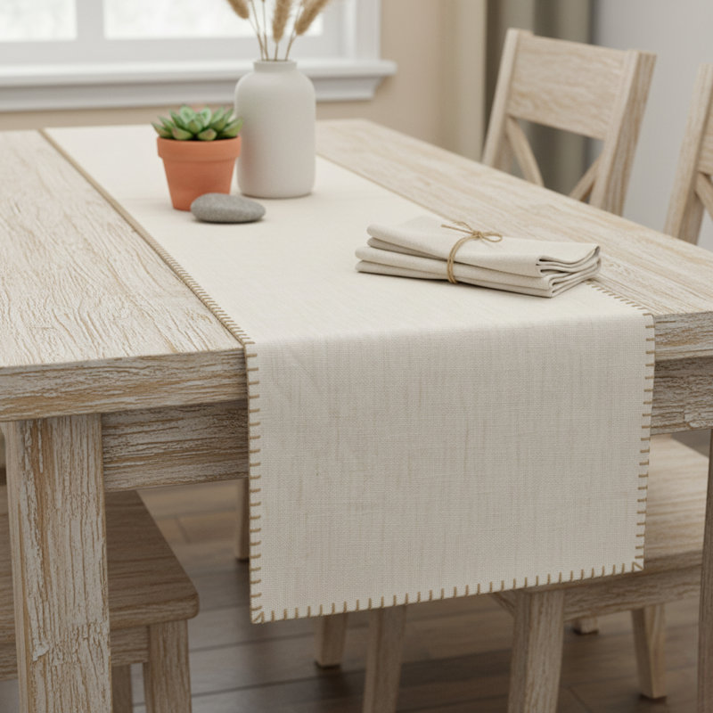 Cotton Table Runner With Decorative Stitched Edges, Dresser Scarf, Furniture Top Cover, Beige, 90" L
