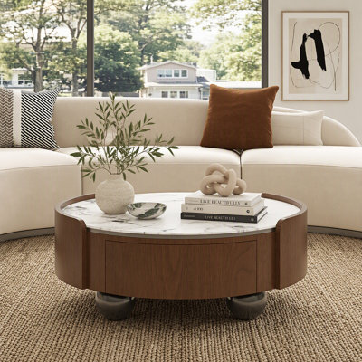 Table basse de 35,43 pouces à dessus rond en pierre avec deux tiroirs de rangement, structure en bois de noyer et pieds noirs sphériques, table basse moderne de style Mid-Century pour le salon, la chambre et le bureau