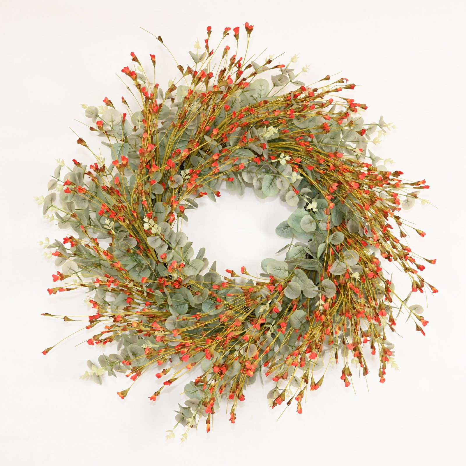 26" Artificial Farmhouse Blossom Cluster Eucalyptus Greenery Foliage Wildflower Fall Wreath For Front Door, Orange/Green