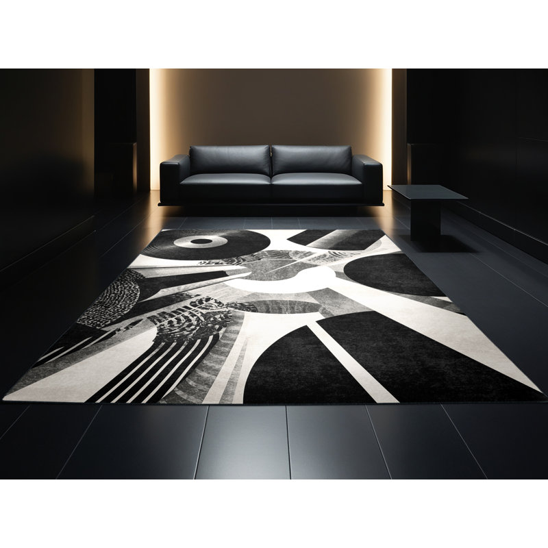 Tapis abstrait moelleux et moelleux à motif abstrait moderne et contemporain en gris - reliure noire, 2 x 5