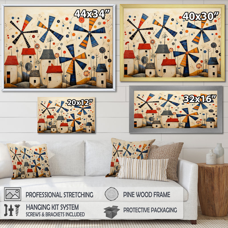 Folk Art Wind Turbines Village IV - Wind Turbines Wall Art, Toile tendue, H 16 po x l 32 po x P 1 po