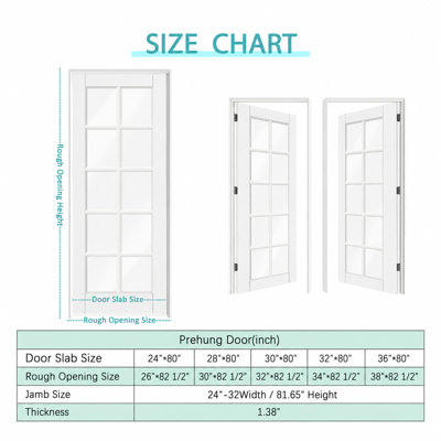 Dalle de porte intérieure avec cadre - porte en panneau de fibres à densité moyenne blanche en verre transparent 10 Lite, ensemble de porte de style pré-suspendu avec charnières préinstallées, poignée argentée verrouillable incluse, pas de trous pré-percés