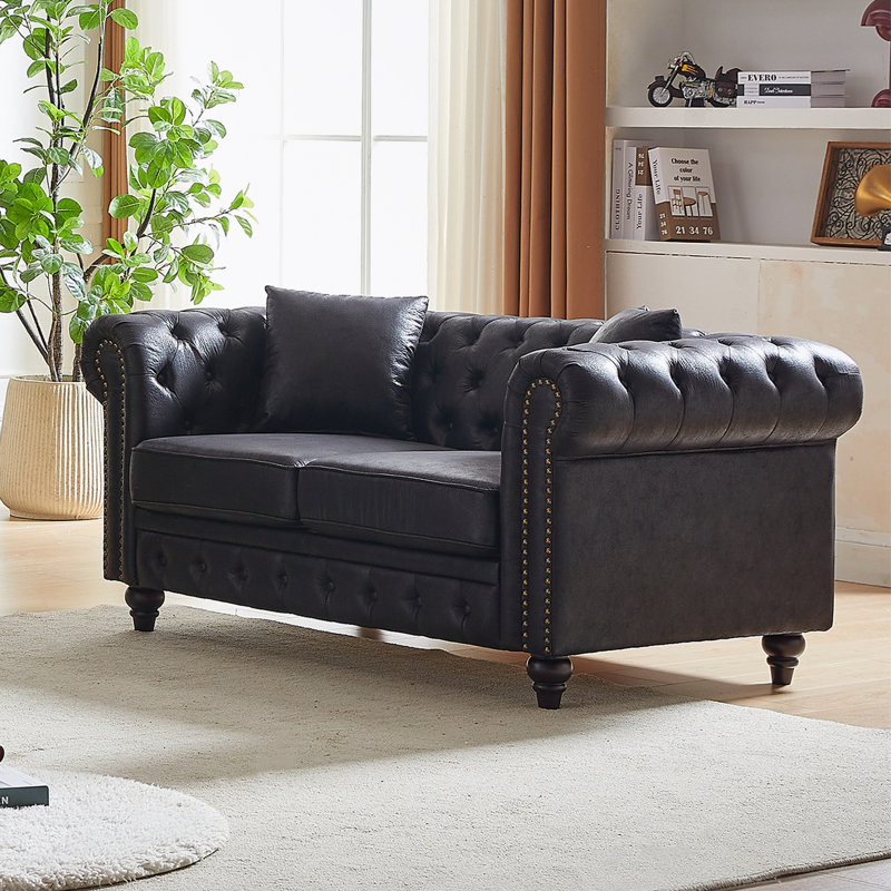 Canapé Chesterfield en similicuir, H 28,3 po x l 63,5 po x P 32,3 po, Noir