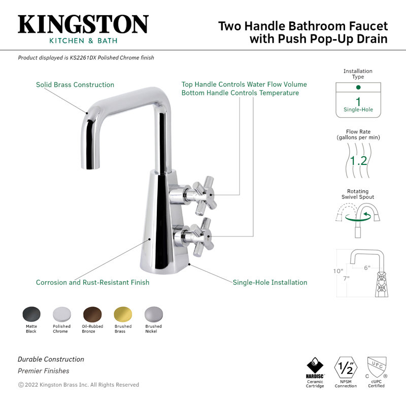Kingston Brass Constantine Two-Handle 1-Hole Deck Mount Bathroom Faucet with Push Pop-Up, Matte Black