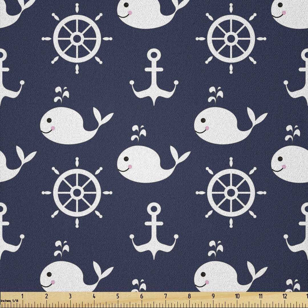 Stoff als Meterware, Maritime Anchor Wal, Navy blau, Marineblau Weiß