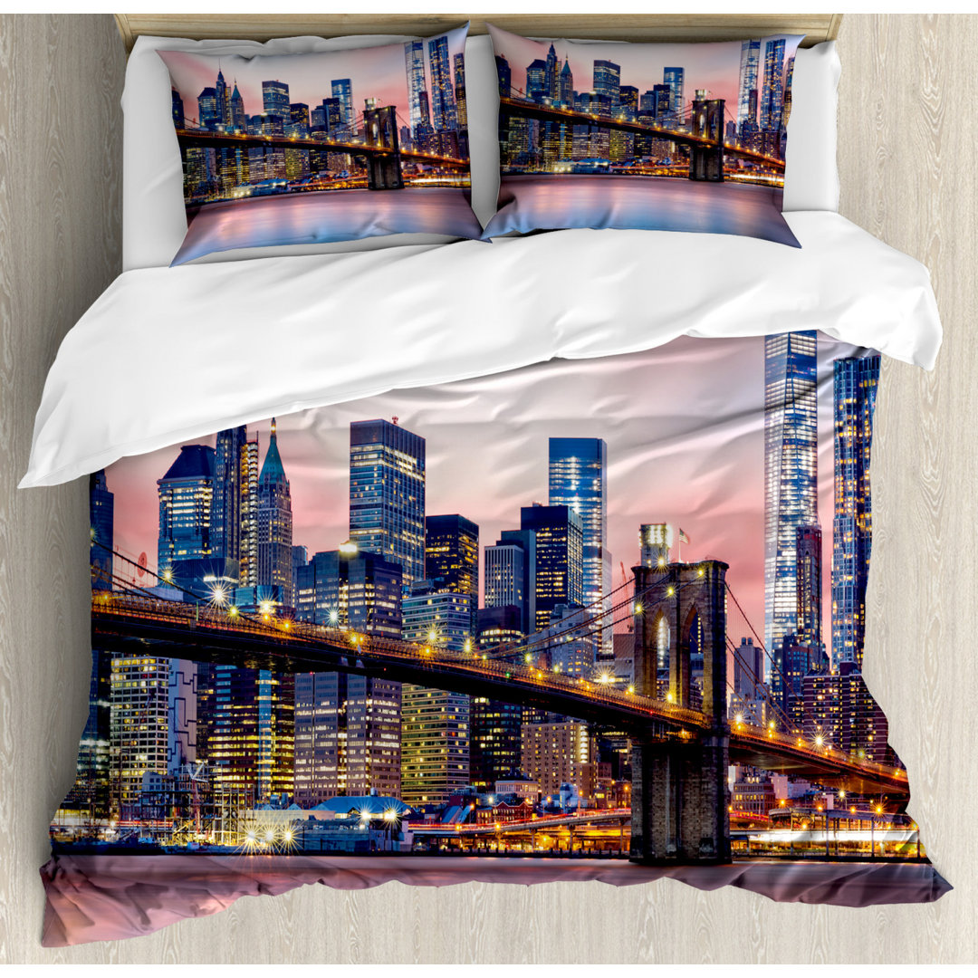 Bettbezug Set, Sonnenaufgang in Brooklyn Bridge, Stadt, Blau