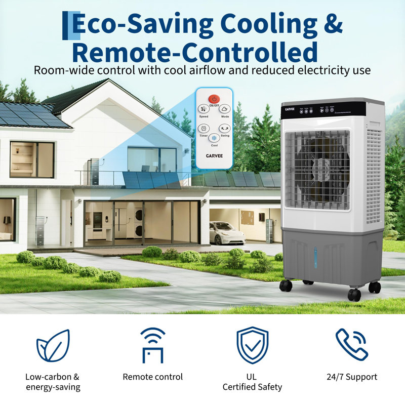 Air Cooler 3000 CFM Evaporative Air Cooler with 5.3Gal Water Tank, 4 Ice Packs, 3-Speed, 120° Oscillation, Remote Control and 12H Timer, 80W Portable Floor Standing Fan for Workshops, Garage