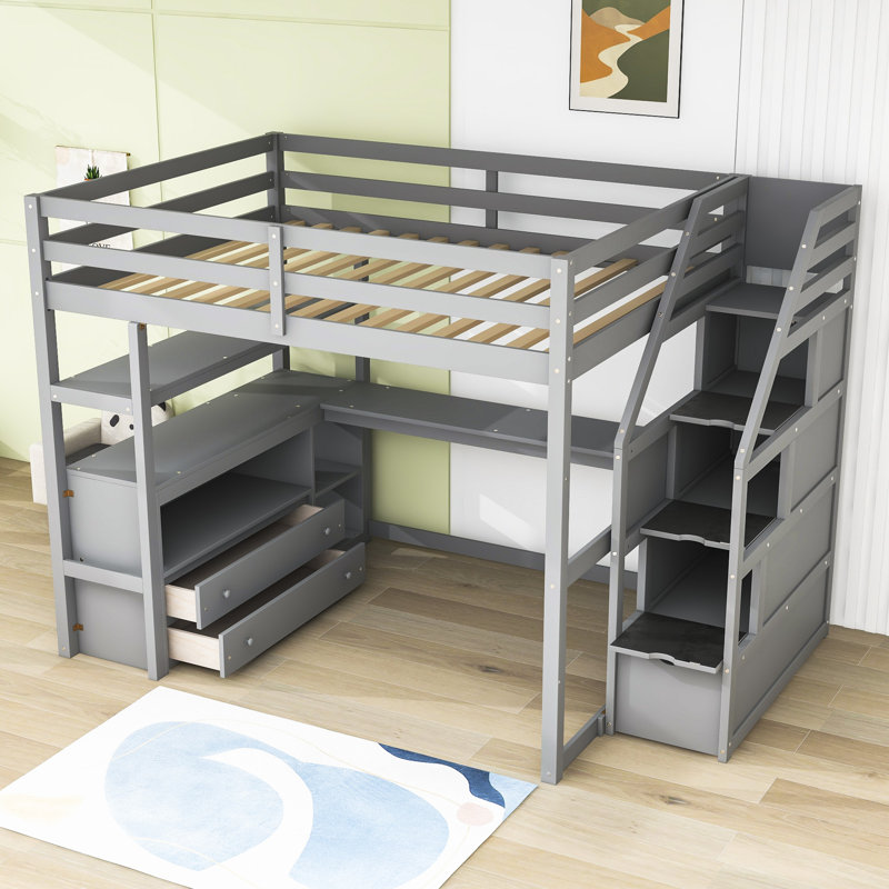 Lit mezzanine 2 tiroirs avec bureau intégré Helmuts, Gris, Complète