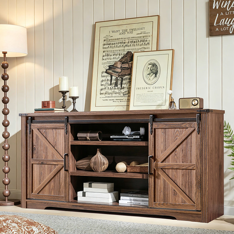 66 Inch TV Stand Console For Tvs Up To 75" With 2 Sliding Barn Doors And Drawers, Brown