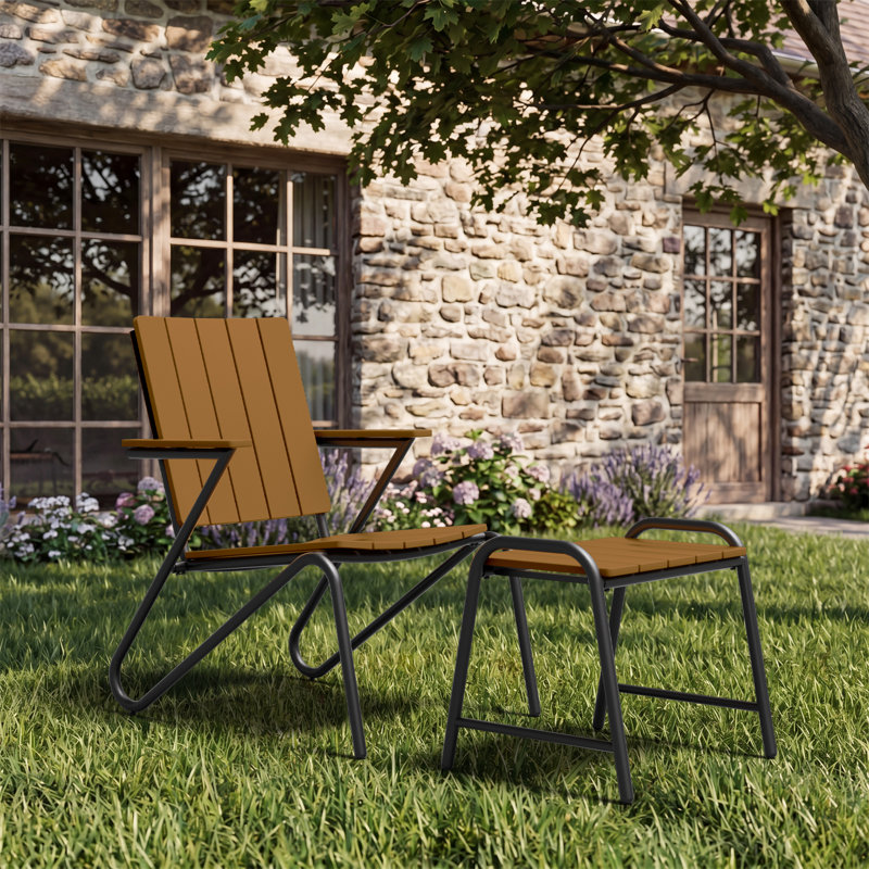 Chaise d'extérieur avec repose-pieds à lattes en PS, Brun