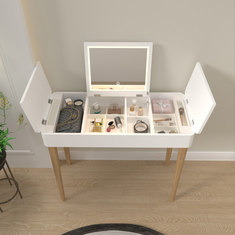 Vanity Mirror With Lights and Solid Wood Legs and Flip-Up High Definition Mirror