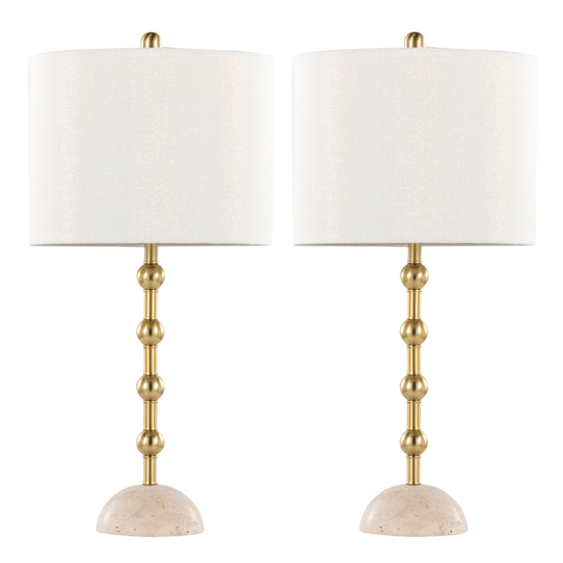 Ensemble de 2 lampes de table 27 "Glam Contemporary, base en travertin avec métal doré et abat-jour chatoyant blanc cassé