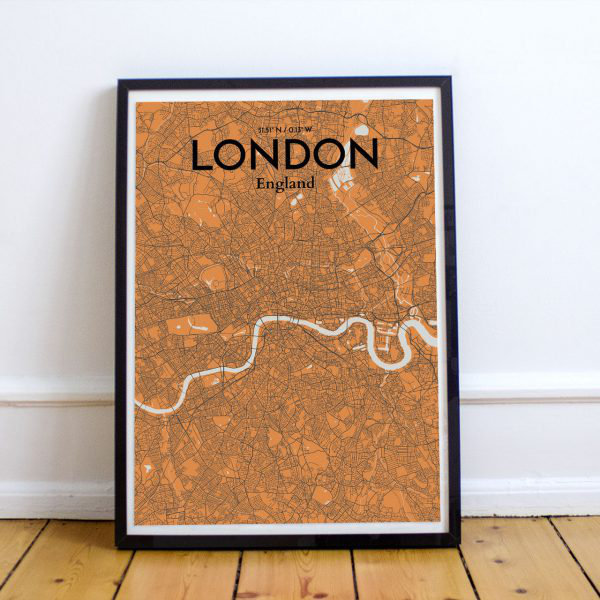 « london city map », reproduction d’impression sur affiche en orange, H 20 po x l 16 po