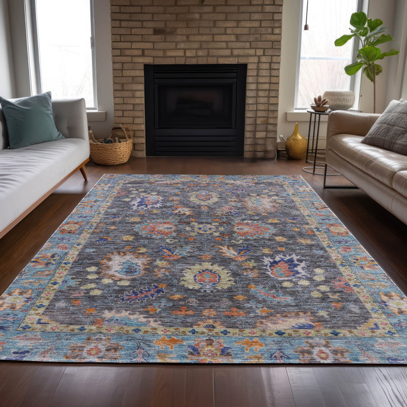 Tapis intérieur / extérieur gris lavable à la machine Xhevrie, Rectangle 10 pi x 14 pi