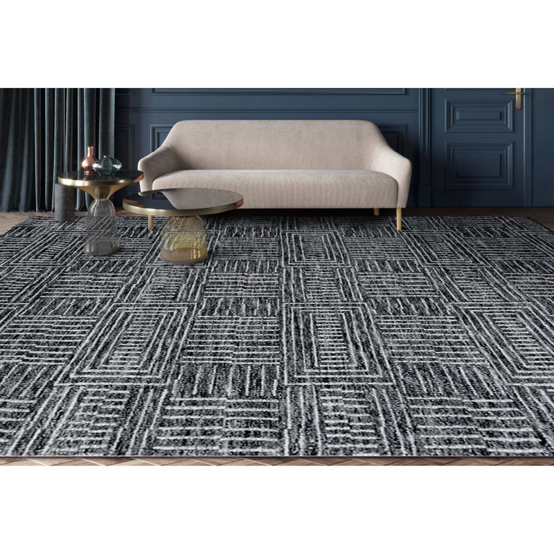 Wool Geometric Area Rug in Black/Light Gray, Rectangle 8' x 10'