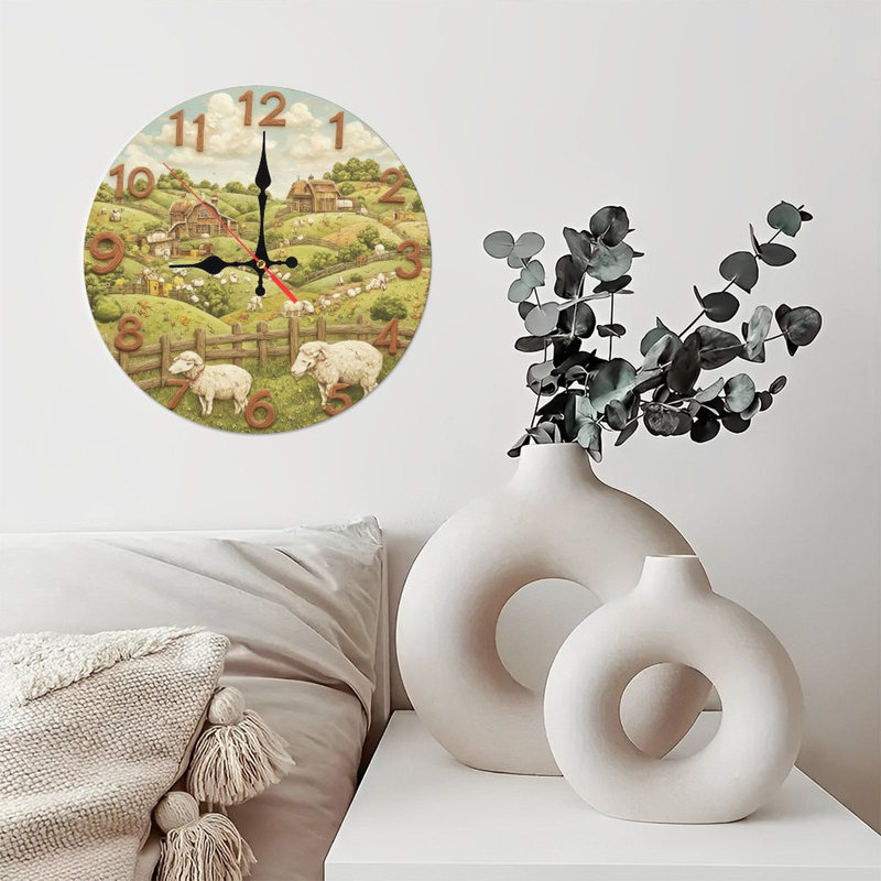 Horloge de ferme avec moutons et granges