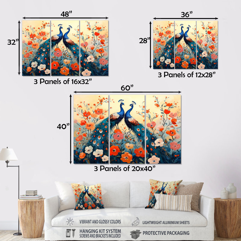 Paons bleus dans un pré de fleurs II - ensemble de salon d'art mural paon, Métal métal, H 40 po x l 60 po x P 1 po