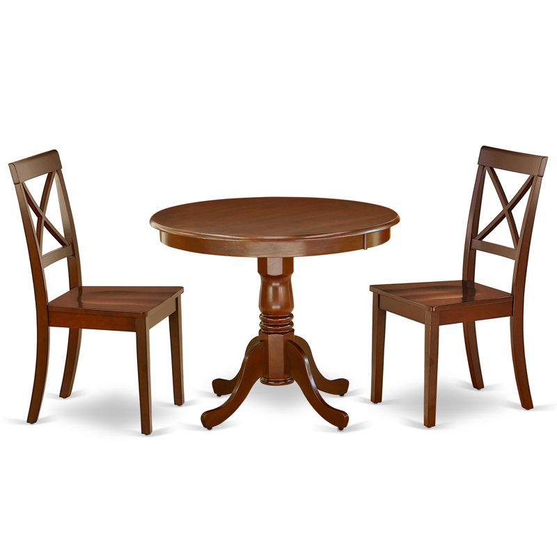 L'ensemble de salle à manger 3 pièces comprend une table de cuisine ronde avec piédestal et 2 chaises de salle à manger, 36 x 36 pouces, acajou