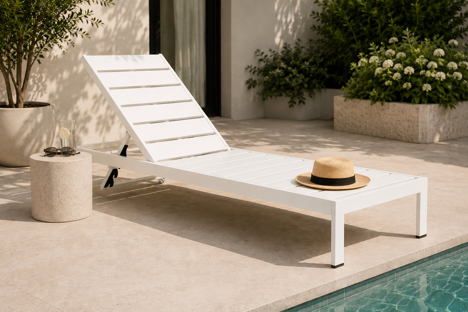 Aynura 26" Patio Chaise Lounge,  White Frame/White Seat