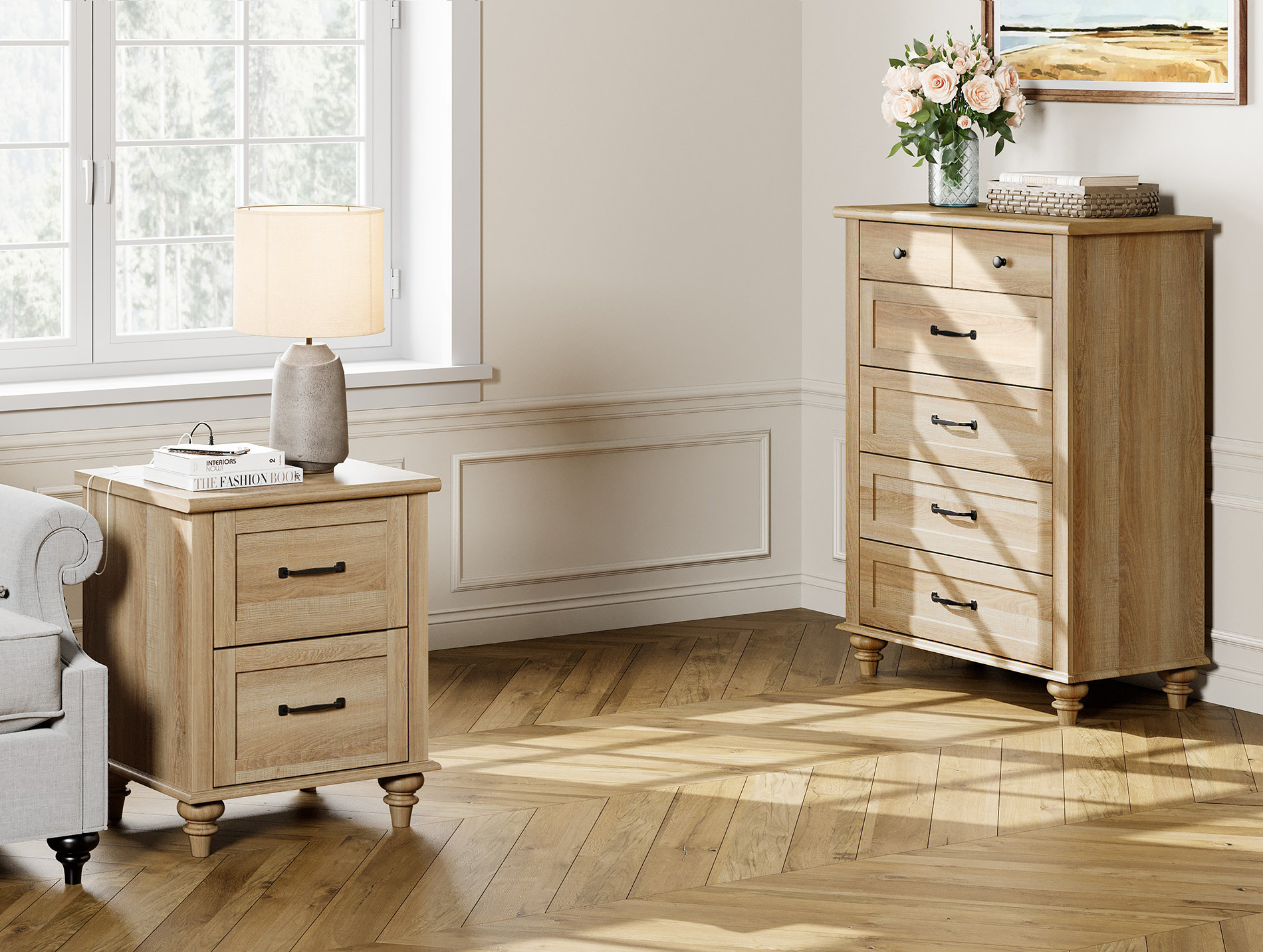 Charlton Home® 2 Piece 5 Drawer Dresser And Nightstand Sets, Oak Wayfair