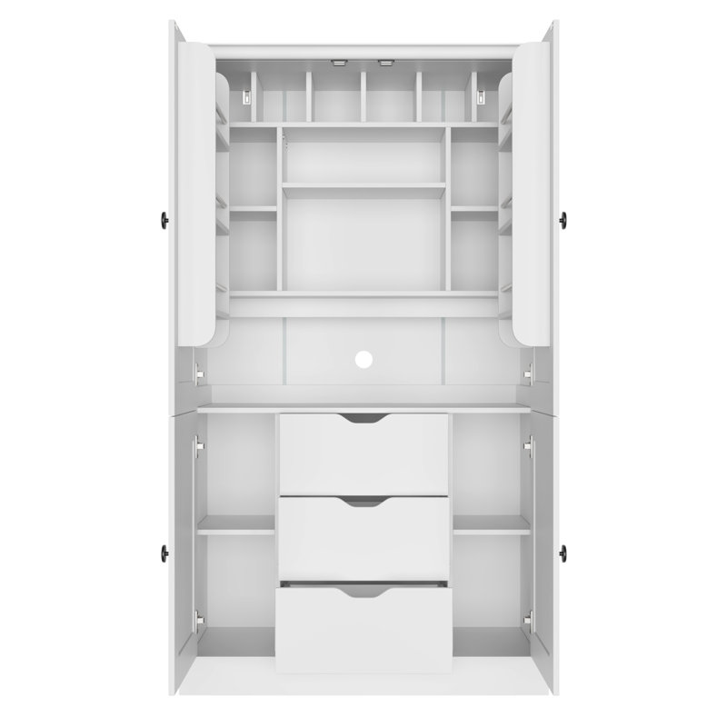 Armoire de cuisine autoportante, poste de travail de rangement haut avec 4 portes, 3 tiroirs, 6 tablettes de porte, tablettes amovibles et 6 supports à vin pour la salle à manger