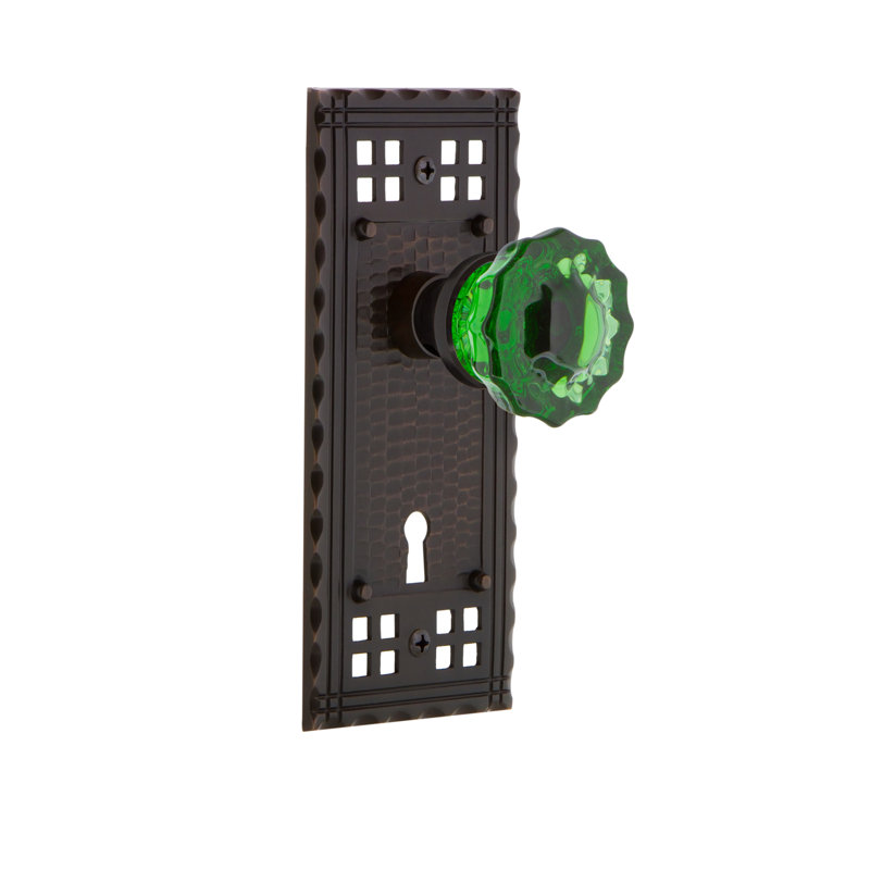 Craftsman Plate with Decorative Keyhole and Crystal Emerald Door Knob, 2 3/8, Timeless Bronze