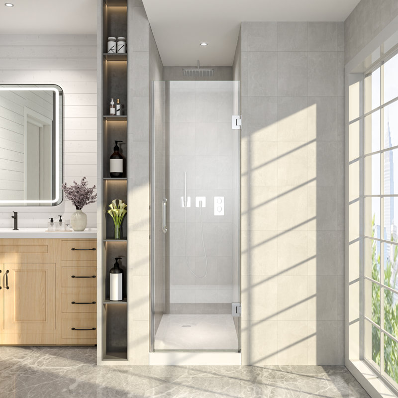 Porte de douche à double charnière sans cadre 24 po x 72 po de haut avec verre transparent, Argent