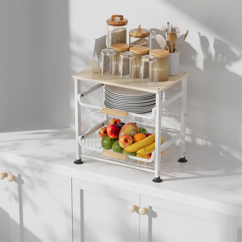Support de rangement de cuisine durable avec plateau en bois et paniers empilables, organisateur polyvalent, Blanc / beige