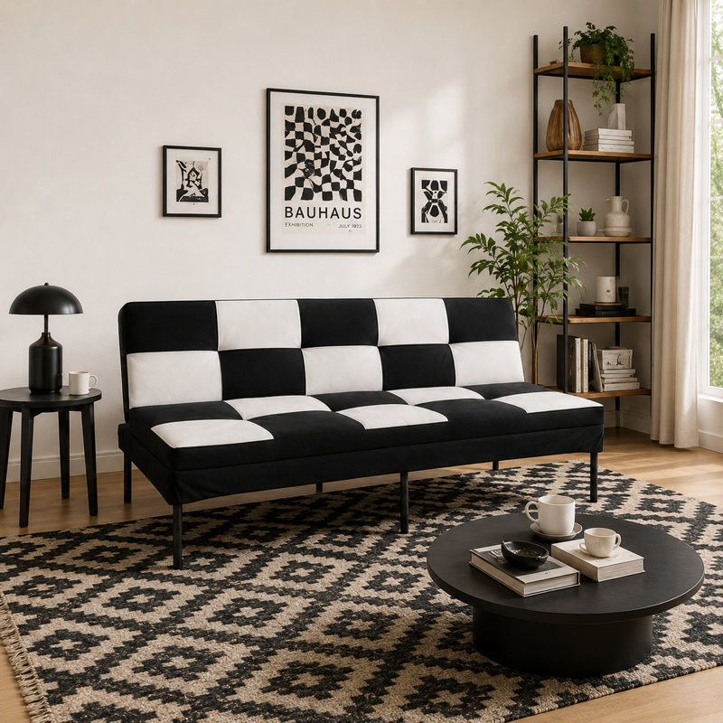 Canapé-lit futon convertible en velours à carreaux de 161,5 cm avec dossier réglable