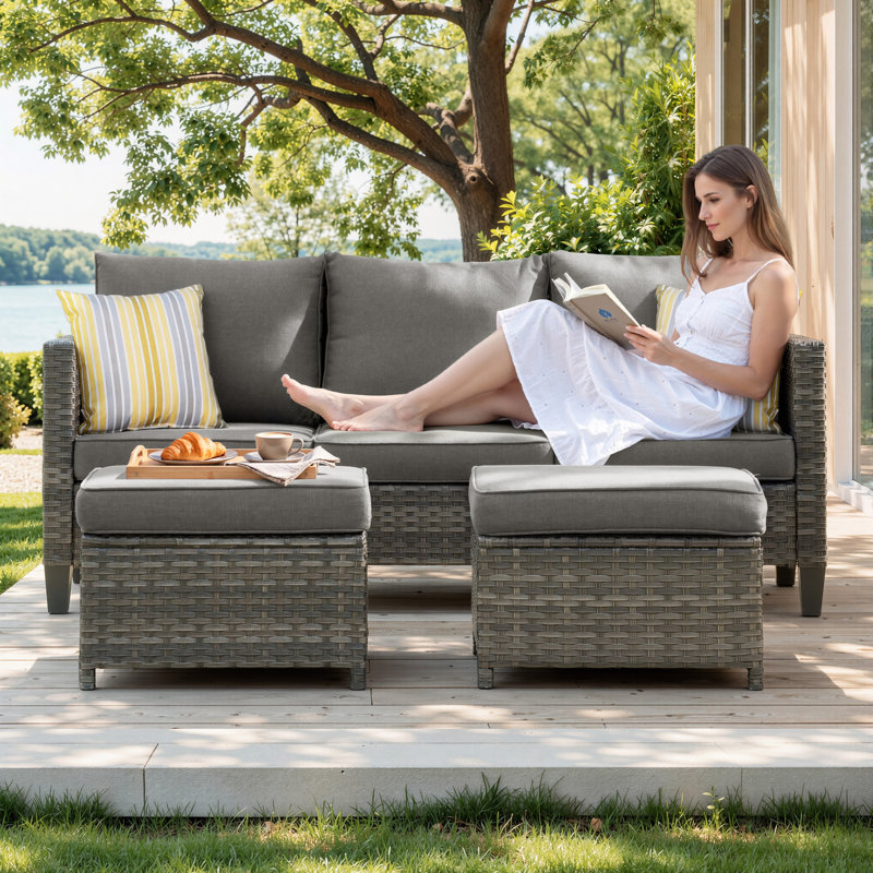 Harbin 76.77" Wide Outdoor Wicker Patio Sofa with Cushions, Dark Gray