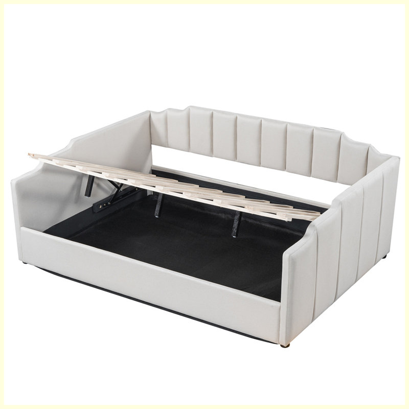 Lit de jour rembourré avec rangement inférieur, Double, Beige