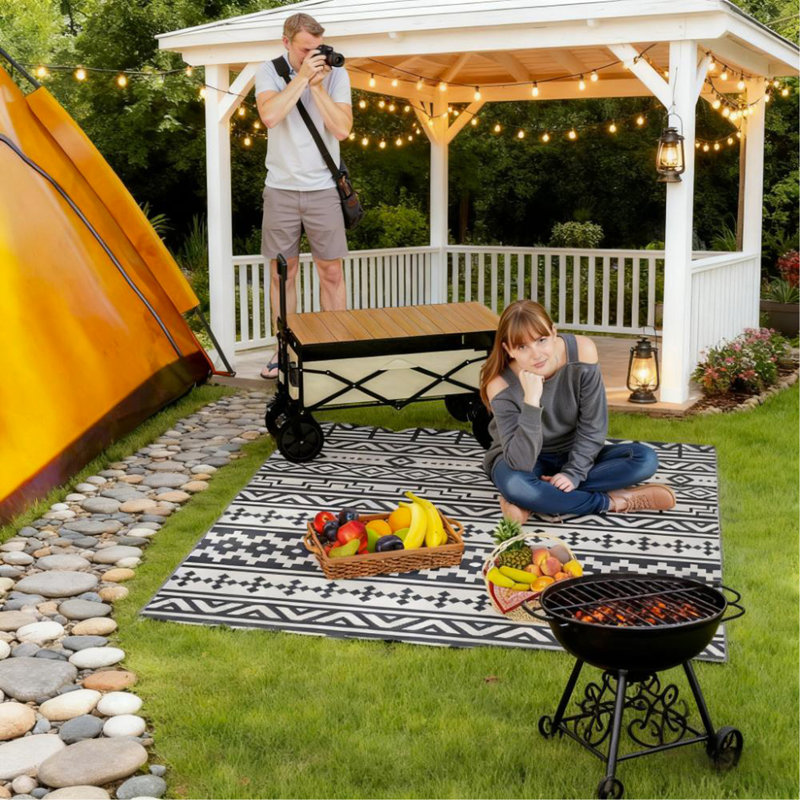 Geometric Style Reversible Outdoor Rug, Waterproof Plastic Straw with Carry Bag, White+Blue, Rectangle 6' x 9'