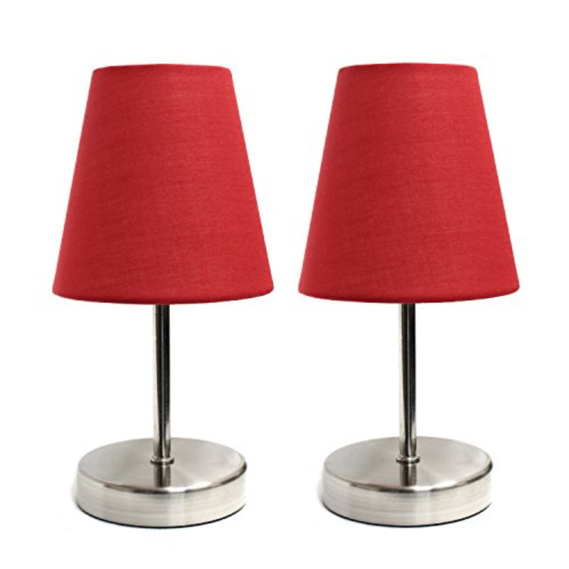 Amandev Simple Designs Sand Nickel Mini Basic Table Lamp with Tapered Fabric Shade, Red