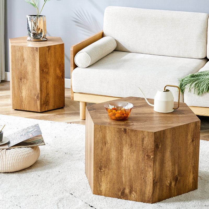 Modern Minimalist Set Of Two Hexagonal MDF Coffee Tables.Modern MDF Coffee Table, With Complex Texture Patterns, Style And Texture Coffee Table To Redefine Your Interior Decoration.
