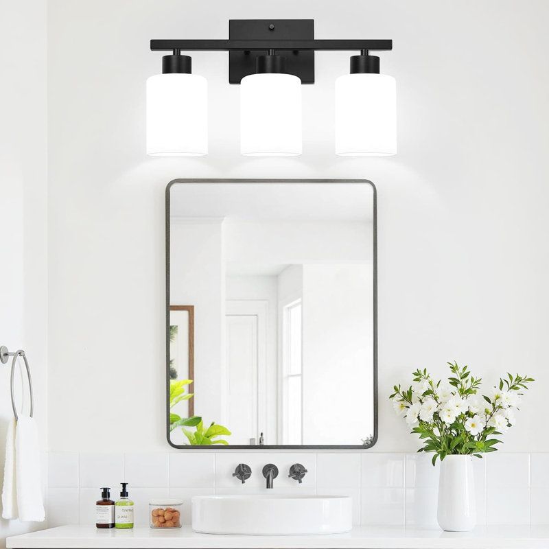 Luminaire de salle de bain 3 lumières avec abat-jour en verre givré, applique murale de salle de bain moderne noire avec douilles E26 pour éclairage de miroir, chambre à coucher, salon