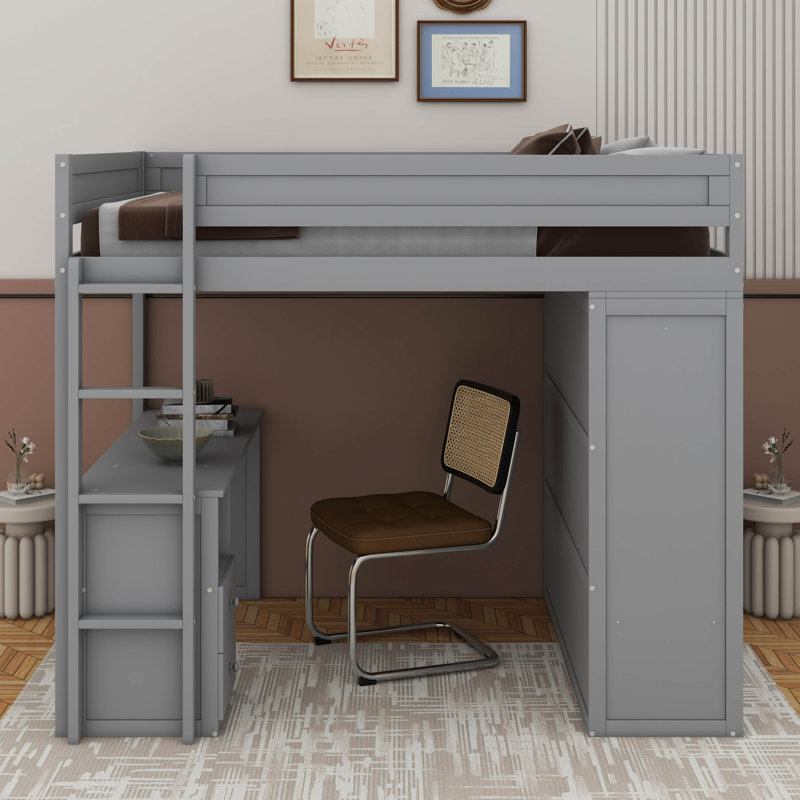 Lit mezzanine double avec placards et bureau, Gris, Double