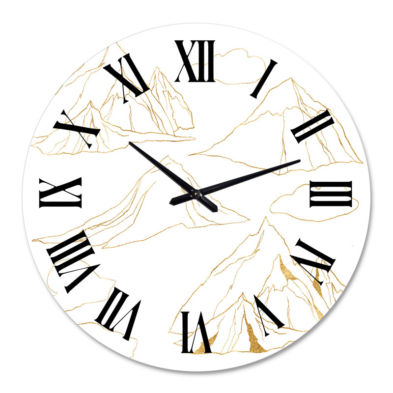 Horloge murale moderne, ensemble linéaire minimaliste de montagnes et de nuages, Moyenne