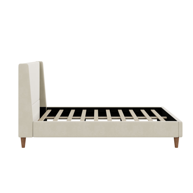 Lit plateforme tapissier moderne en velours avec tête de lit à oreilles et pieds ronds en bois, Grand lit