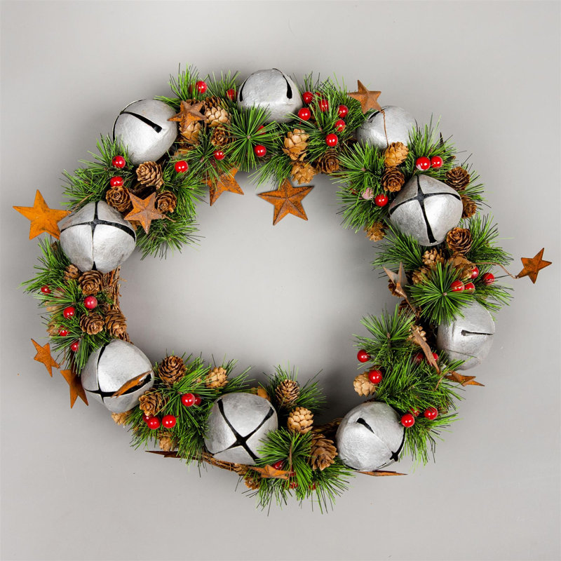 Green Christmas Wreath with Bells, Stars, Pine Cones and Berries, PVC Decorative Door Wreath, 15.74cm H x 15.74cm W x 10cm D