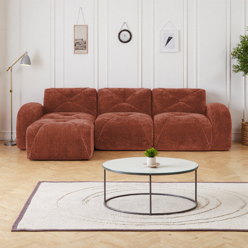 Luxueux canapé modulaire en velours avec repose-pieds - Confort moelleux et style sans effort pour la vie moderne, 3, Rouge