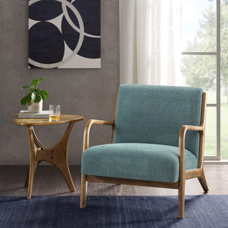 Chaise avec accoudoirs et structure en bois Novak, Microfibre bleu sarcelle, Naturel
