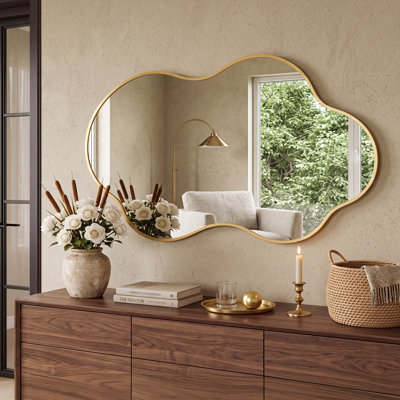 Organic Shape Irregular Wall Mirror with Aluminum Frame, Asymmetrical Decorative Bathroom Vanity Mirror for Bedroom, Living Room, Entryway