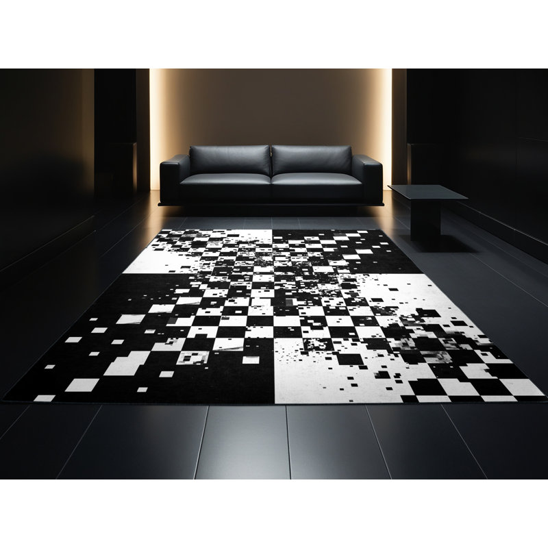 Machine Washable Patterns And Textures Modern Checkered Rug in Blue – Black Binding, 5 x 7