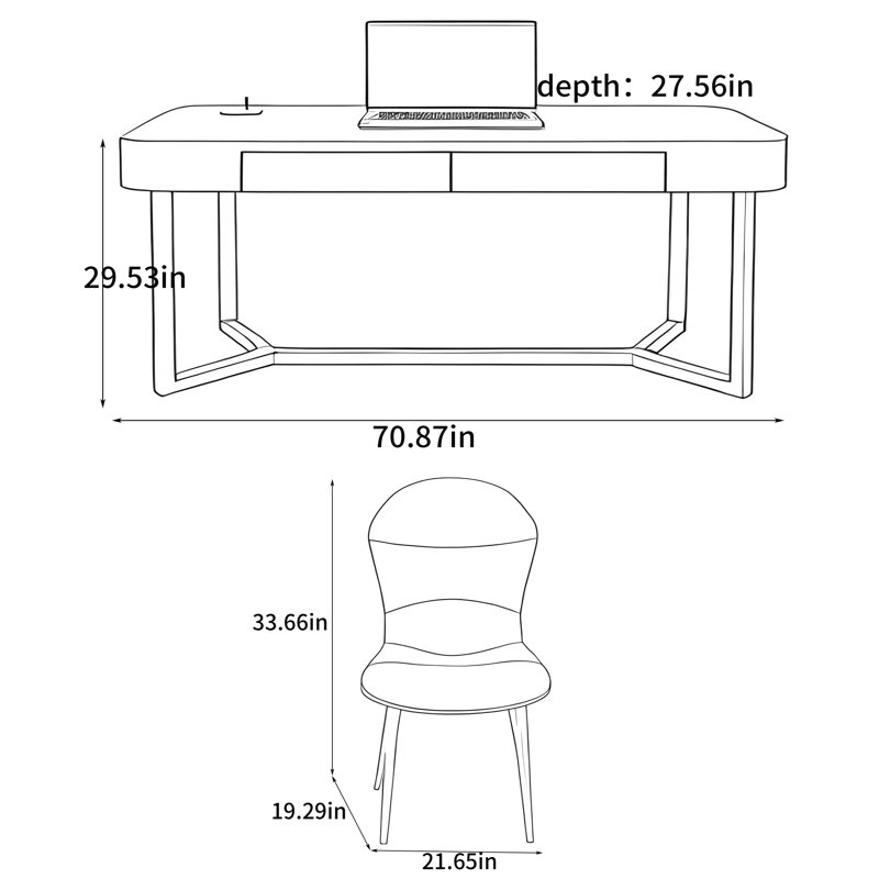 Bureau français moderne, H 29,53 po x l 70,87 po x P 27,56 po