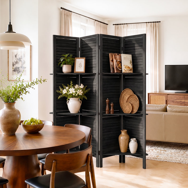 Paravent double face avec tablettes pour la séparation des pièces, 4, L 63 po x H 67 po, Noir