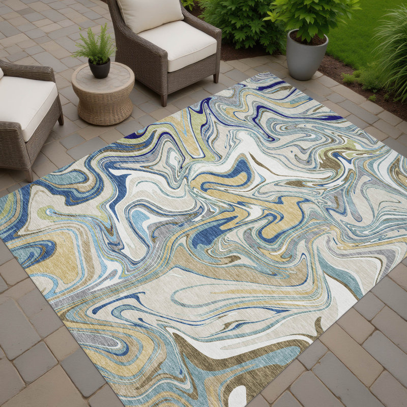 Tapis abstrait lavable à la machine intérieur / extérieur ACN2395, Rectangle 10 pi x 14 pi